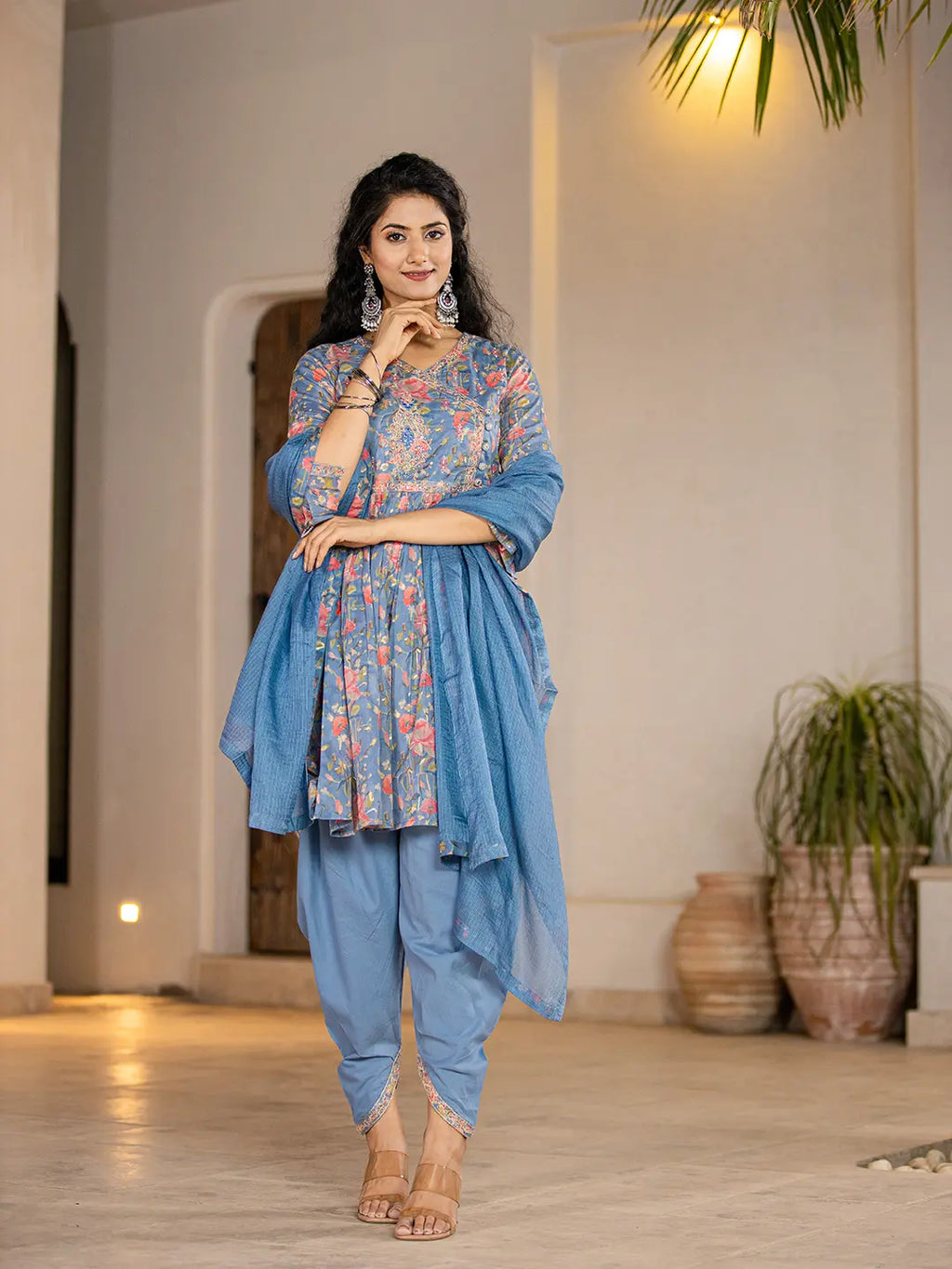 Yufta Blue Cotton Beads And Stones A-Line Gathers Kurta And Dhoti Pants With Dupatta Set | Grocsy