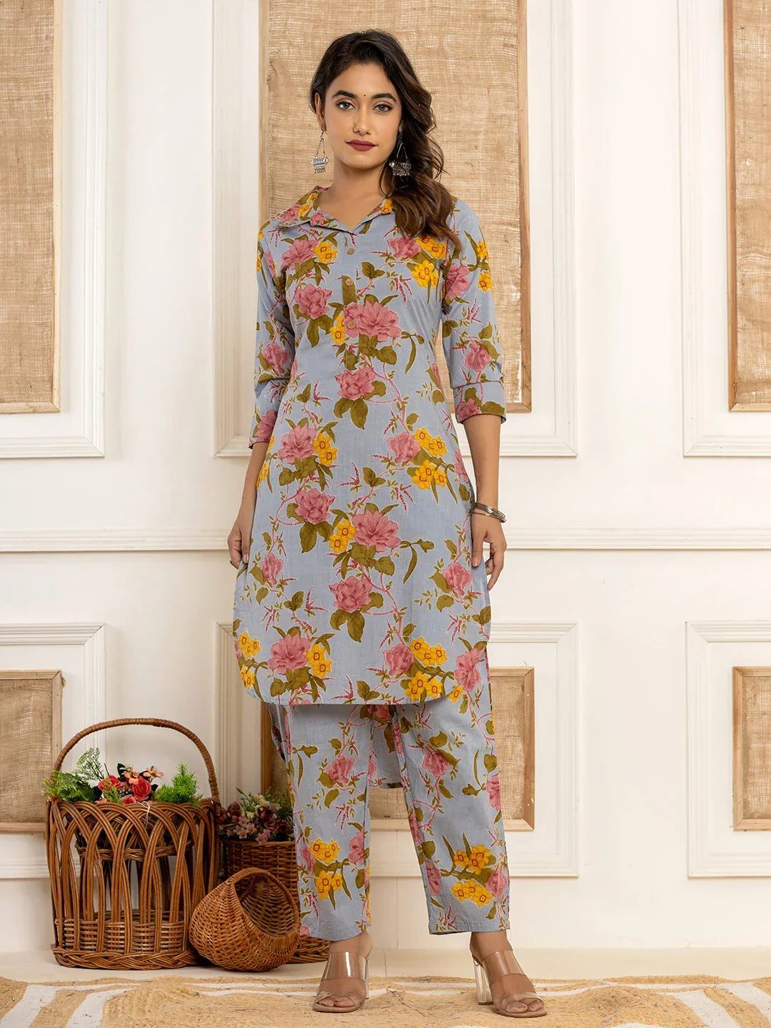 Yufta Blue Cotton Floral Print Striped Print Co-Ord Set | Grocsy