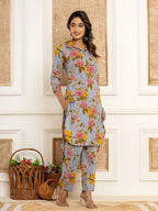 Yufta Blue Cotton Floral Print Striped Print Co-Ord Set | Grocsy