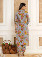 Yufta Blue Cotton Floral Print Striped Print Co-Ord Set | Grocsy