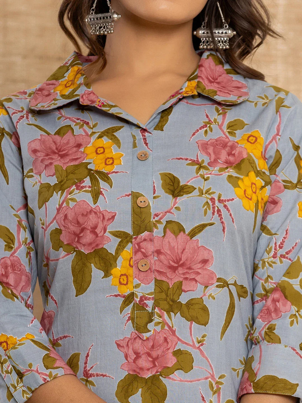 Yufta Blue Cotton Floral Print Striped Print Co-Ord Set | Grocsy