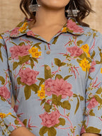 Yufta Blue Cotton Floral Print Striped Print Co-Ord Set | Grocsy