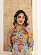 Yufta Blue Cotton Floral Print Striped Print Co-Ord Set | Grocsy