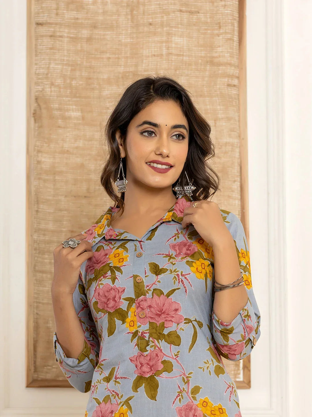 Yufta Blue Cotton Floral Print Striped Print Co-Ord Set | Grocsy