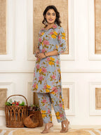 Yufta Blue Cotton Floral Print Striped Print Co-Ord Set | Grocsy