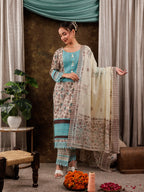 Yufta Blue Cotton Kurta Dupatta Set With Lace Detailing | Grocsy