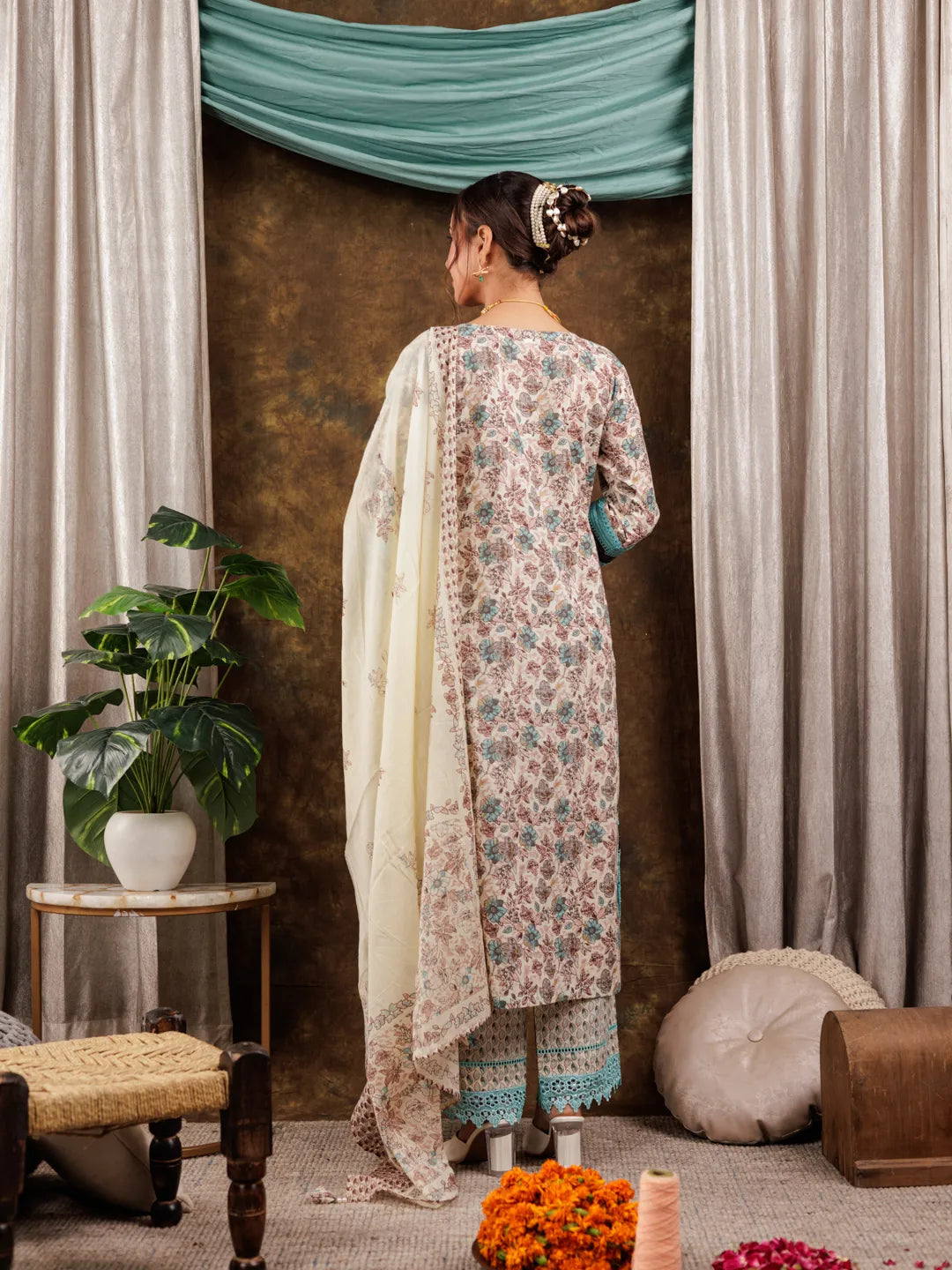 Yufta Blue Cotton Kurta Dupatta Set With Lace Detailing | Grocsy