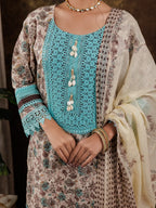 Yufta Blue Cotton Kurta Dupatta Set With Lace Detailing | Grocsy