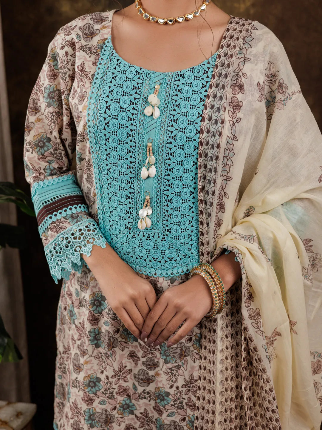 Yufta Blue Cotton Kurta Dupatta Set With Lace Detailing | Grocsy
