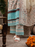 Yufta Blue Cotton Kurta Dupatta Set With Lace Detailing | Grocsy