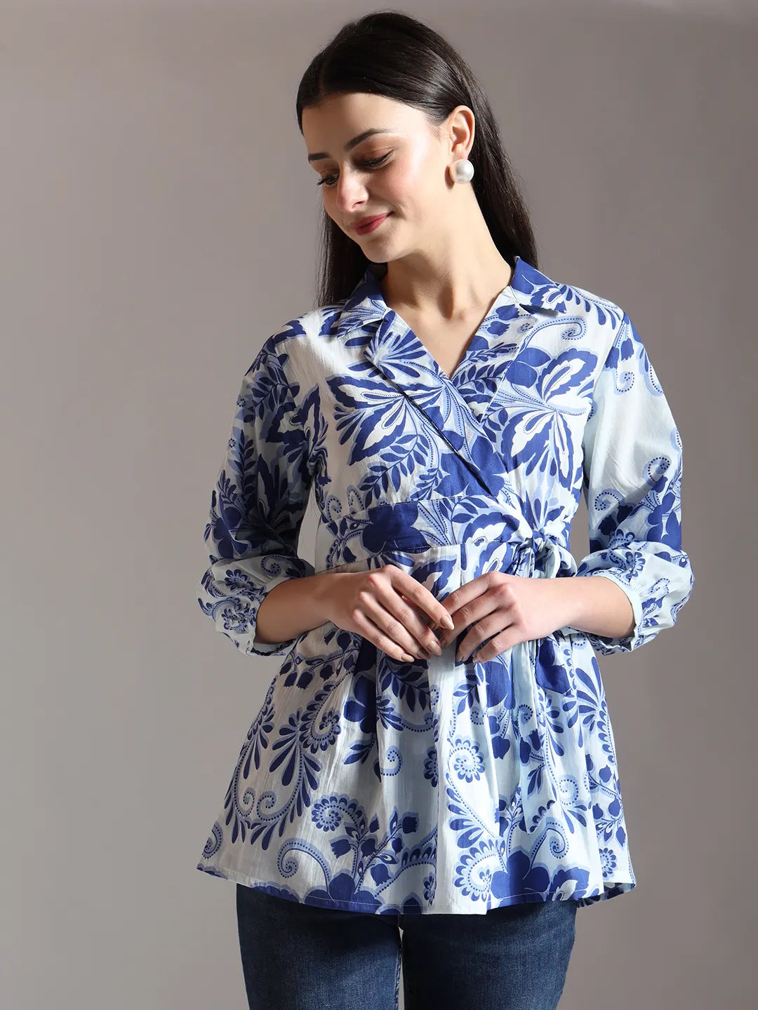 Yufta Blue Cotton Peplum Top | Grocsy