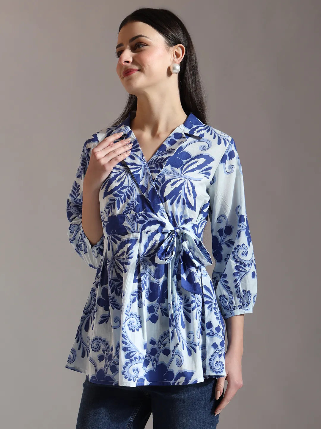 Yufta Blue Cotton Peplum Top | Grocsy