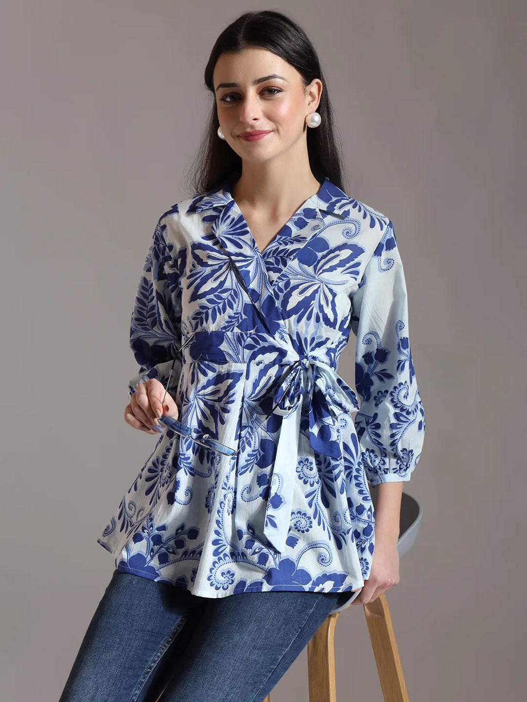 Yufta Blue Cotton Peplum Top | Grocsy