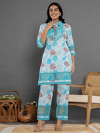 Yufta Blue Cotton Schiffli Co-Ord Set With Lace Detailing | Grocsy