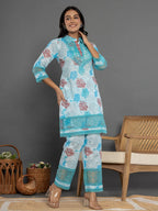 Yufta Blue Cotton Schiffli Co-Ord Set With Lace Detailing | Grocsy