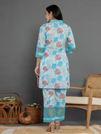 Yufta Blue Cotton Schiffli Co-Ord Set With Lace Detailing | Grocsy