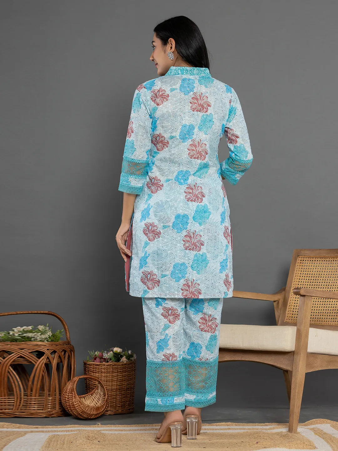 Yufta Blue Cotton Schiffli Co-Ord Set With Lace Detailing | Grocsy