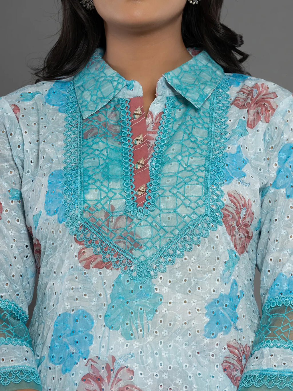 Yufta Blue Cotton Schiffli Co-Ord Set With Lace Detailing | Grocsy