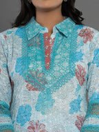 Yufta Blue Cotton Schiffli Co-Ord Set With Lace Detailing | Grocsy