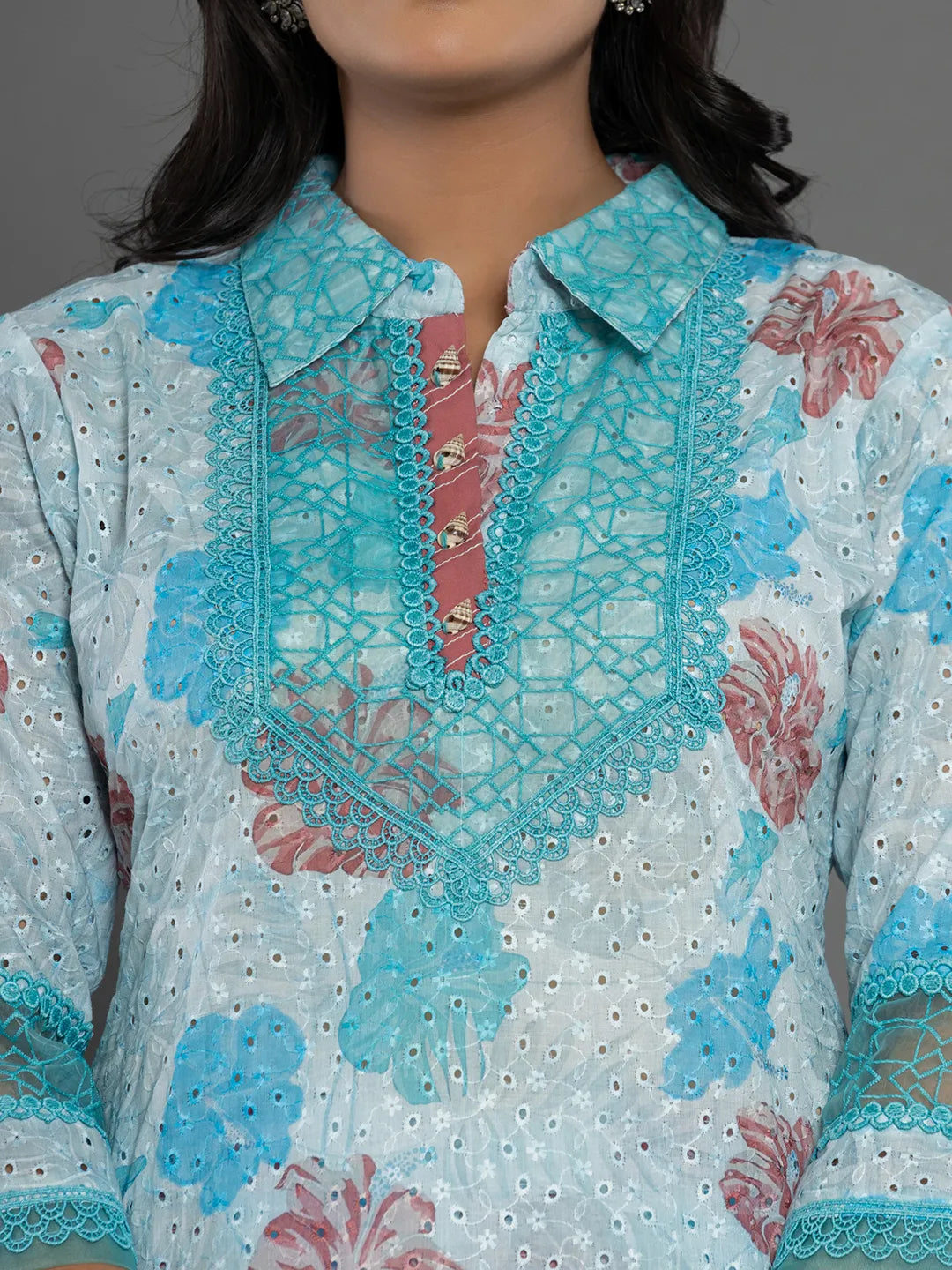 Yufta Blue Cotton Schiffli Co-Ord Set With Lace Detailing | Grocsy