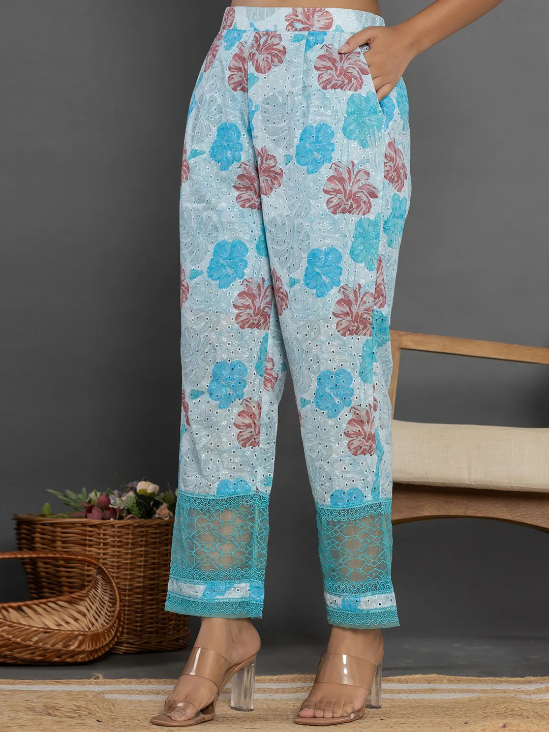 Yufta Blue Cotton Schiffli Co-Ord Set With Lace Detailing | Grocsy