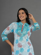 Yufta Blue Cotton Schiffli Co-Ord Set With Lace Detailing | Grocsy