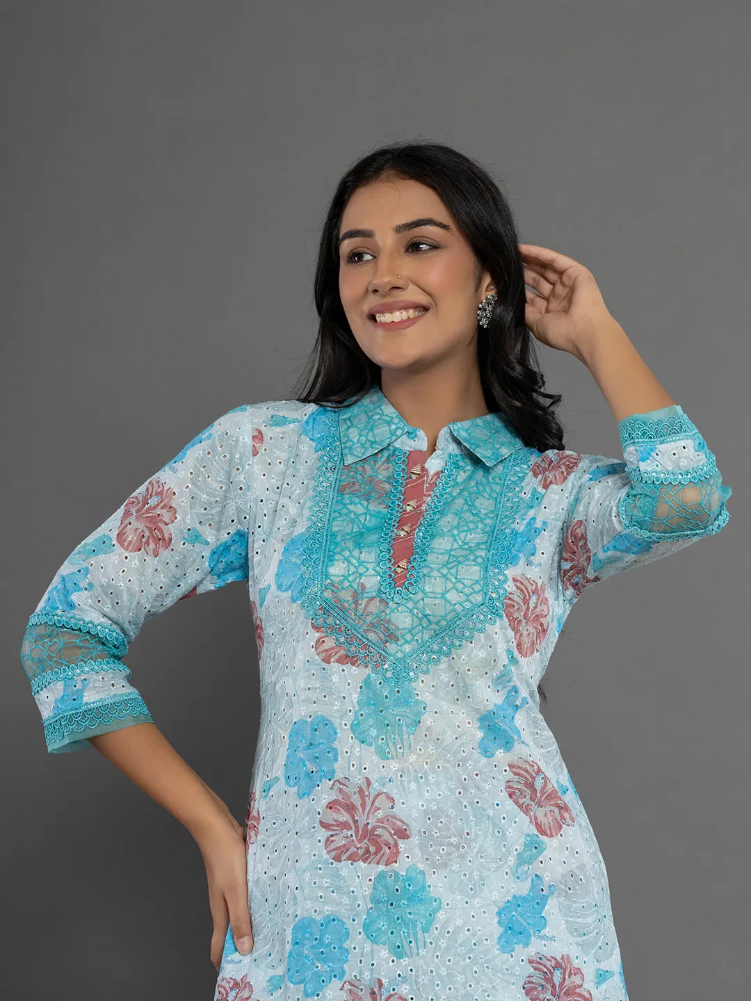 Yufta Blue Cotton Schiffli Co-Ord Set With Lace Detailing | Grocsy