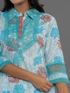 Yufta Blue Cotton Schiffli Co-Ord Set With Lace Detailing | Grocsy