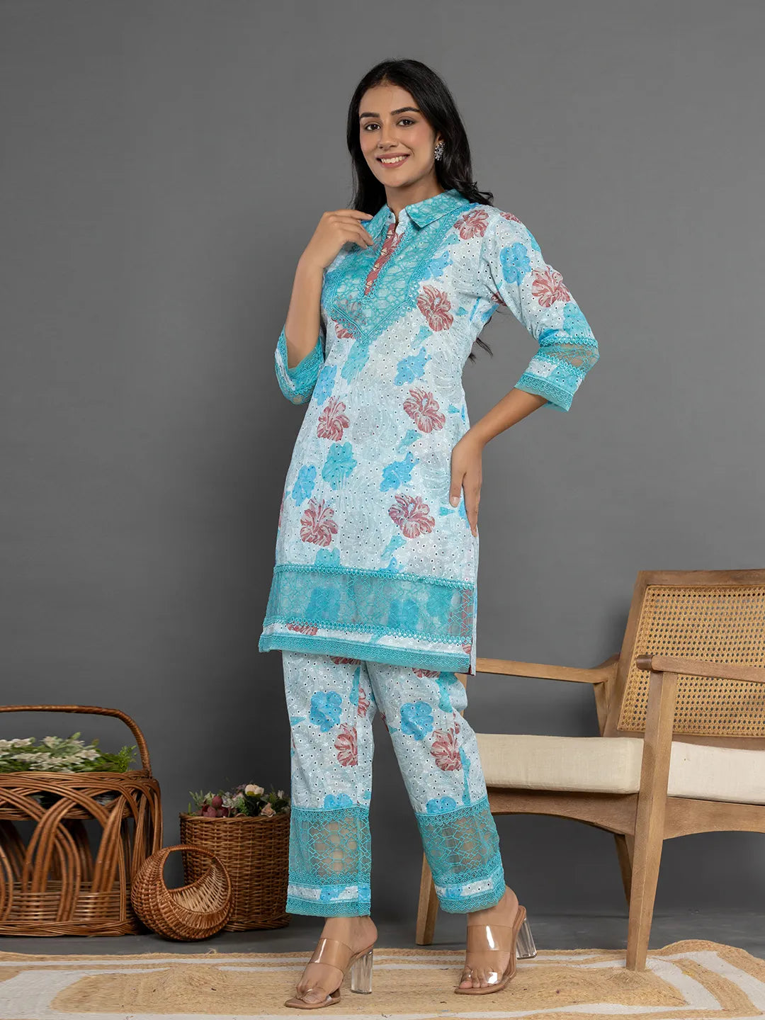 Yufta Blue Cotton Schiffli Co-Ord Set With Lace Detailing | Grocsy