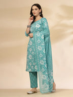 Yufta Blue Embroidered Straight Kurta Trouser And Dupatta Set | Grocsy