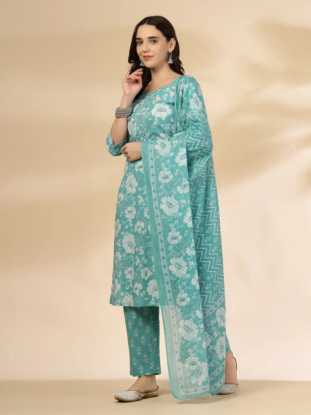 Yufta Blue Embroidered Straight Kurta Trouser And Dupatta Set | Grocsy