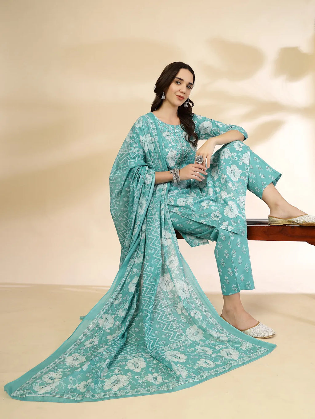 Yufta Blue Embroidered Straight Kurta Trouser And Dupatta Set | Grocsy