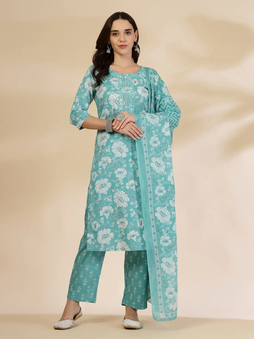 Yufta Blue Embroidered Straight Kurta Trouser And Dupatta Set | Grocsy