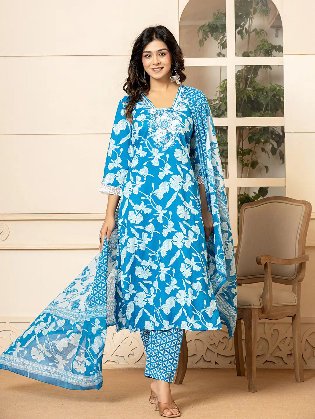 Yufta Blue Embroidery Cotton Straight Kurta Dupatta Set | Grocsy