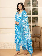 Yufta Blue Embroidery Cotton Straight Kurta Dupatta Set | Grocsy