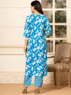 Yufta Blue Embroidery Cotton Straight Kurta Dupatta Set | Grocsy