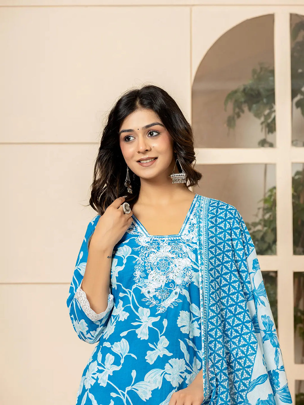 Yufta Blue Embroidery Cotton Straight Kurta Dupatta Set | Grocsy
