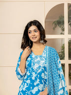 Yufta Blue Embroidery Cotton Straight Kurta Dupatta Set | Grocsy