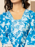 Yufta Blue Embroidery Cotton Straight Kurta Dupatta Set | Grocsy