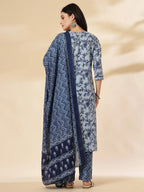 Yufta Blue Floral Sequins-Work Pure Cotton Kurta Dupatta Pant Set | Grocsy