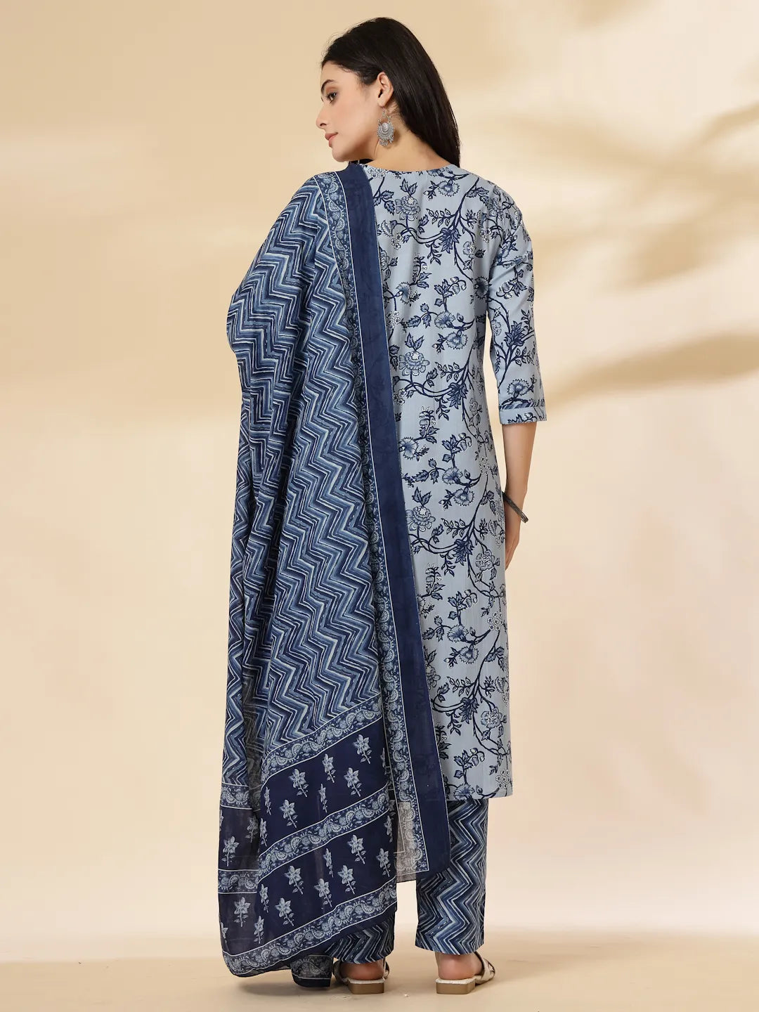 Yufta Blue Floral Sequins-Work Pure Cotton Kurta Dupatta Pant Set | Grocsy