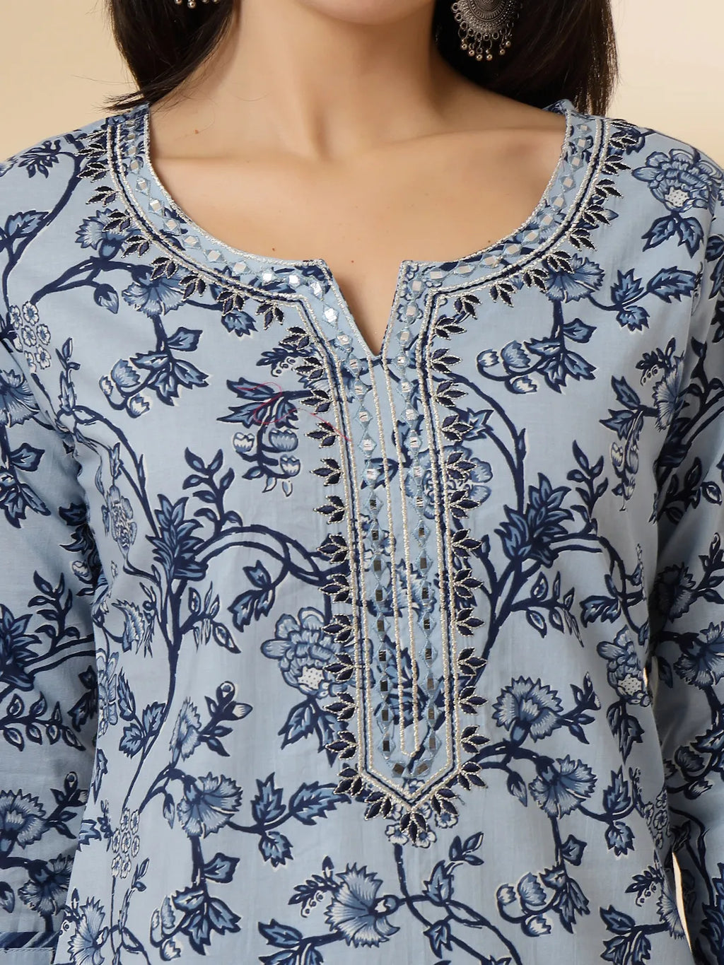 Yufta Blue Floral Sequins-Work Pure Cotton Kurta Dupatta Pant Set | Grocsy