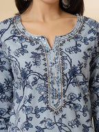 Yufta Blue Floral Sequins-Work Pure Cotton Kurta Dupatta Pant Set | Grocsy
