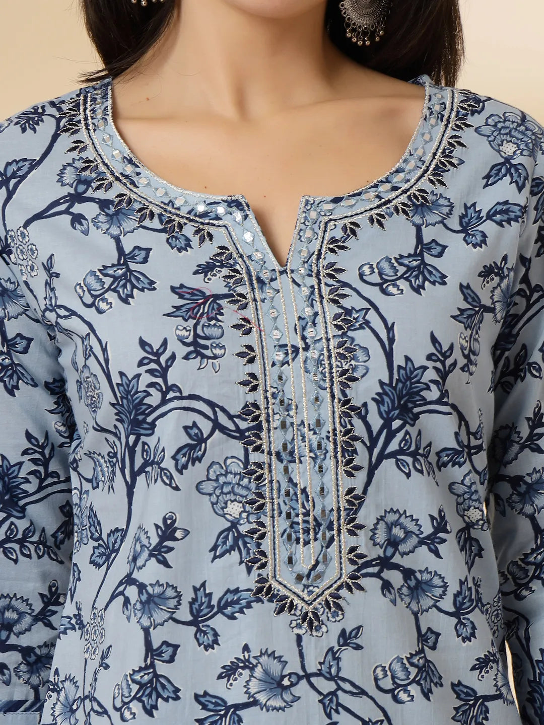 Yufta Blue Floral Sequins-Work Pure Cotton Kurta Dupatta Pant Set | Grocsy