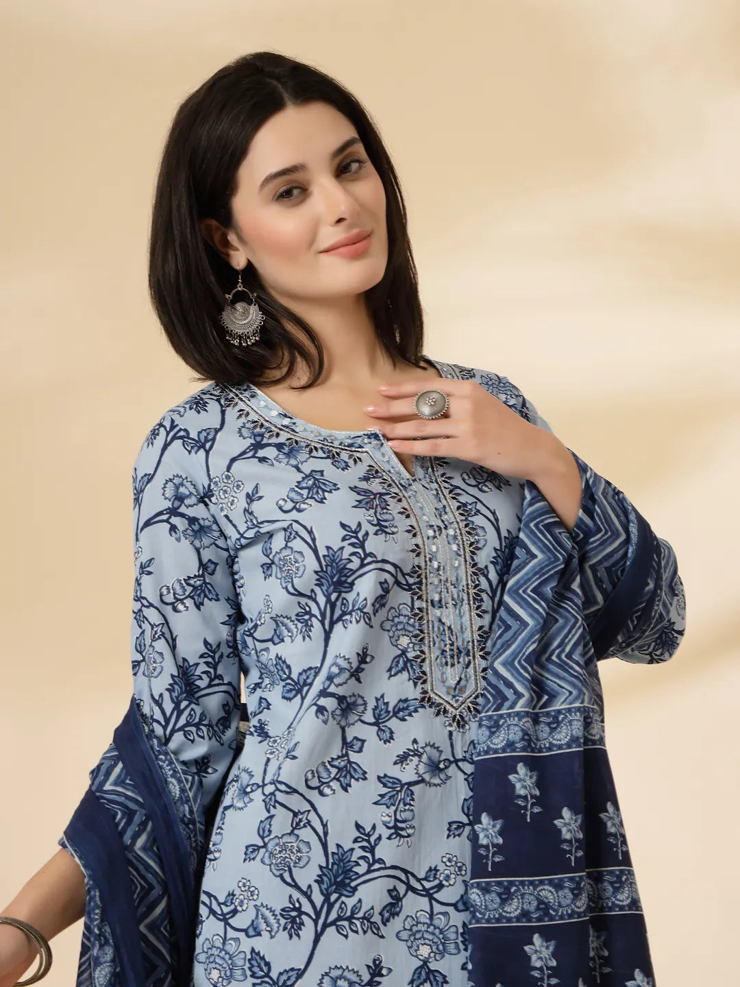Yufta Blue Floral Sequins-Work Pure Cotton Kurta Dupatta Pant Set | Grocsy