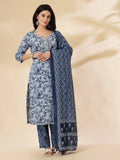 Yufta Blue Floral Sequins-Work Pure Cotton Kurta Dupatta Pant Set | Grocsy