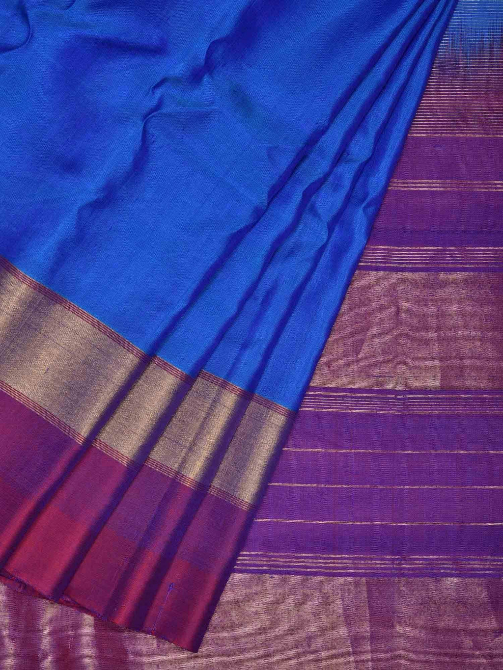 Blue Gadwal Silk Handloom Saree with Strips Border Design - Global Threads | Grocsy