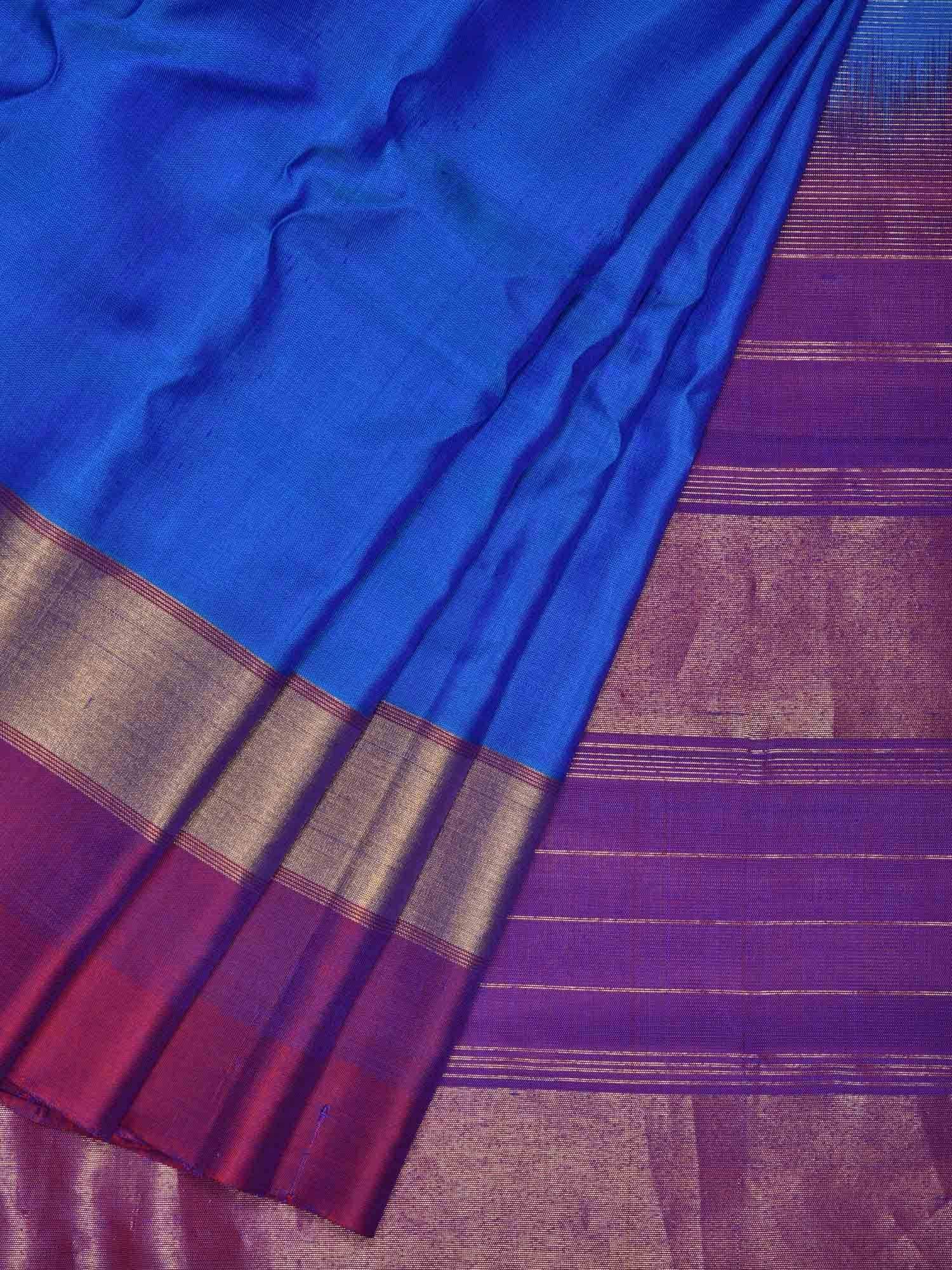 Blue Gadwal Silk Handloom Saree with Strips Border Design - Global Threads | Grocsy