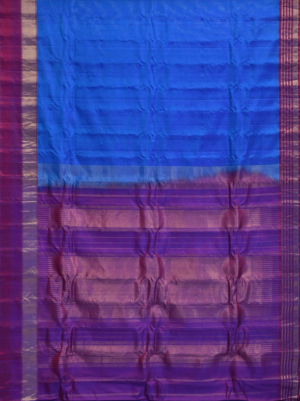 Blue Gadwal Silk Handloom Saree with Strips Border Design - Global Threads | Grocsy