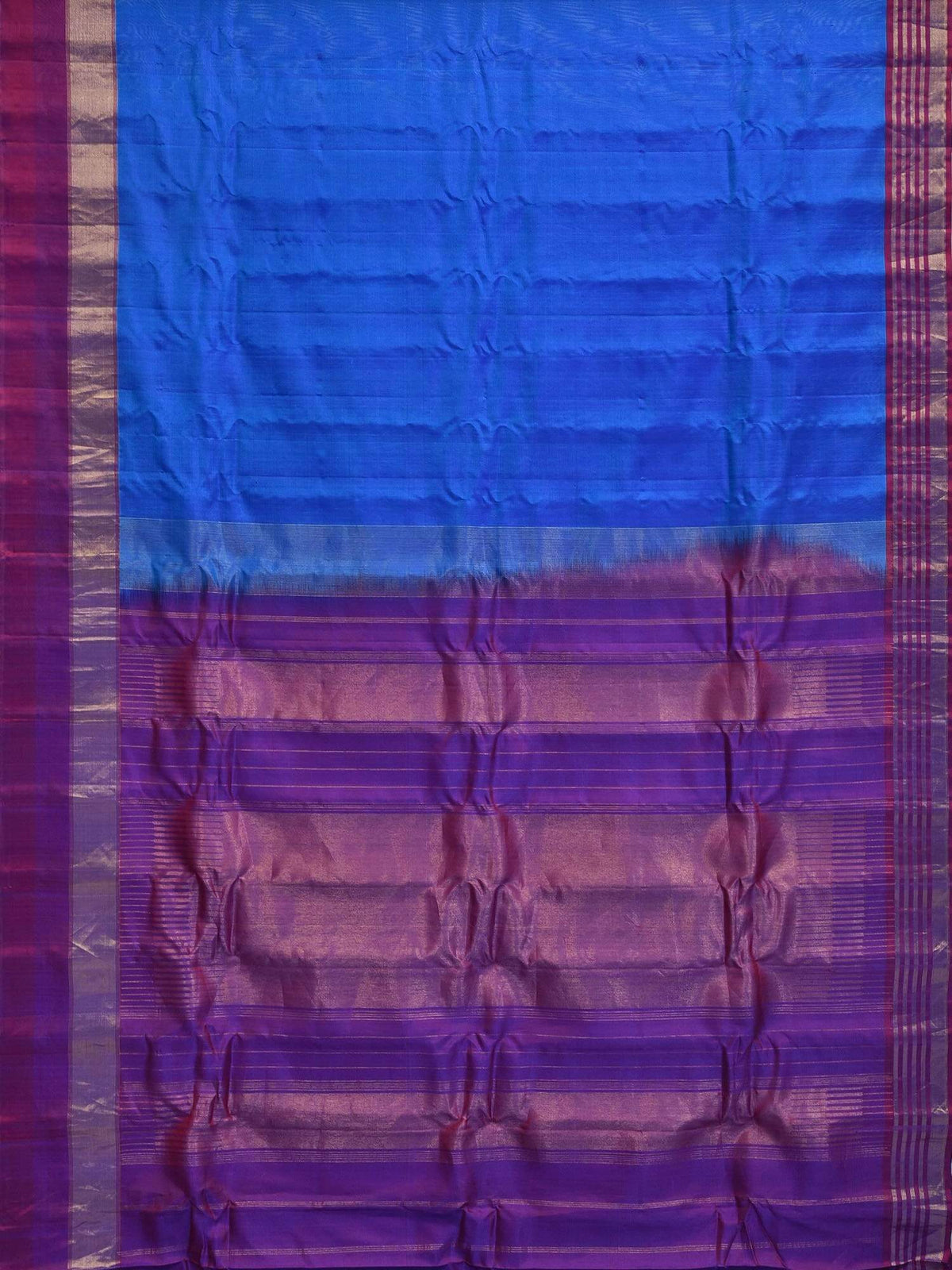 Blue Gadwal Silk Handloom Saree with Strips Border Design - Global Threads | Grocsy